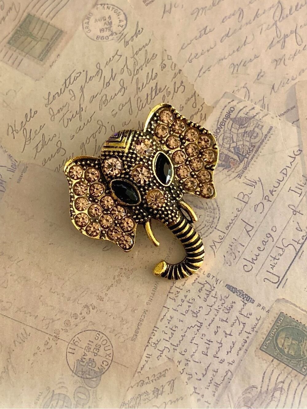 Sparkling Elephant Head Brooch Pin with Rhinestones and Antique Gold Finish